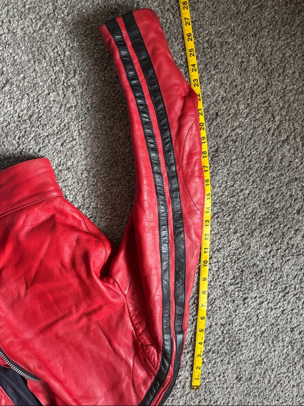 Red Leather Motorcycle Jacket with Black Racing Stripes - Picture 2 of 3